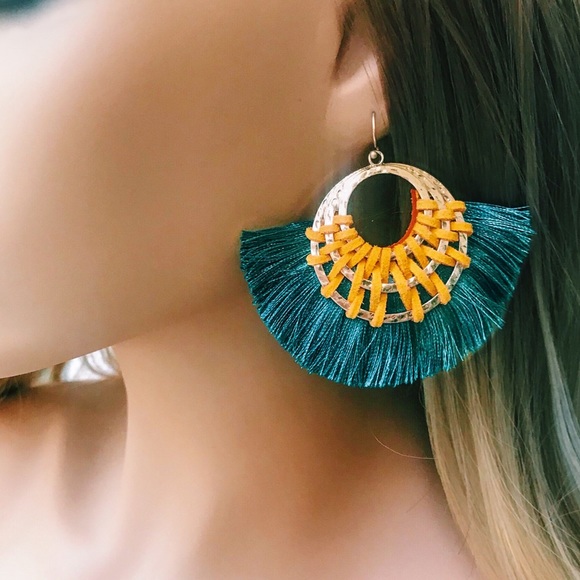 NEW! Emerald Mustard Hoop Tassel Hoop Earrings - Picture 11 of 11